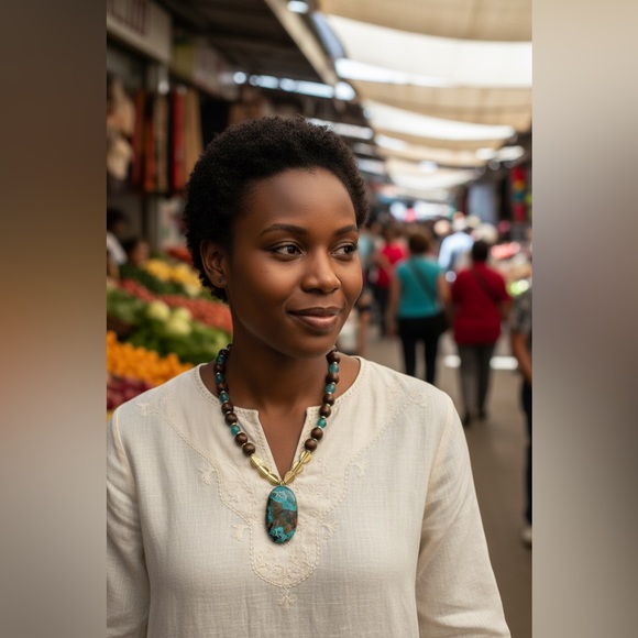 20-1/2 inch Mixed Bead Necklace and Azurite gemstone pendant NWOT - Picture 1 of 15